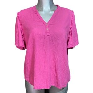 QVC Candace Cameron Bure Linen Blouse Top Ruffle V-Neck Henley Pink Size Medium